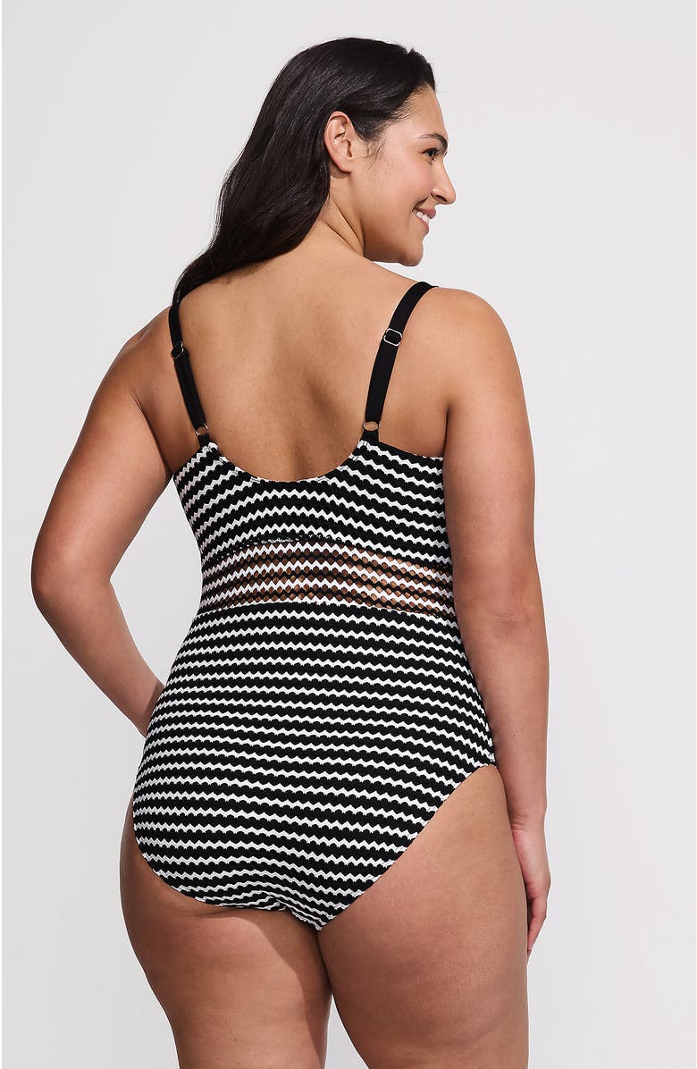 Lands' End Plus Size Crochet Square Neck High Leg One Piece Swimsuit, Alternate, color, Black/White