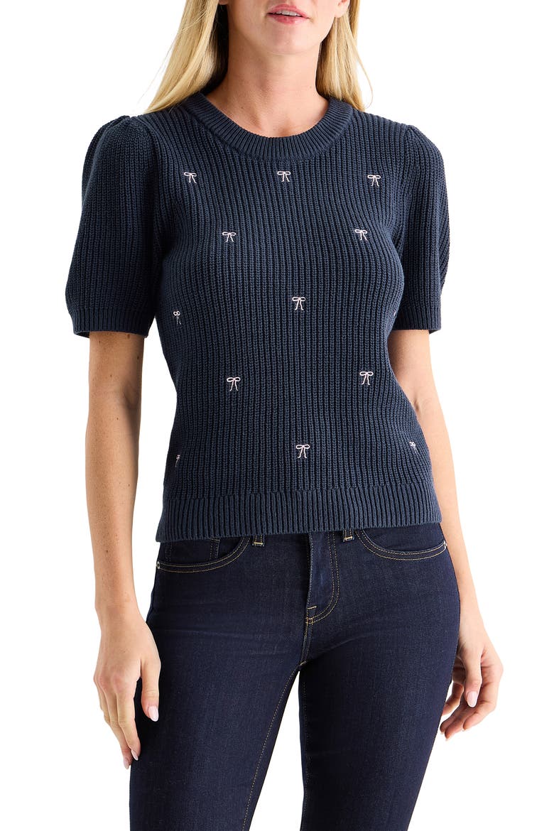 Bow Embroidered Short Sleeve Sweater, Main, color, DRESS BLUES