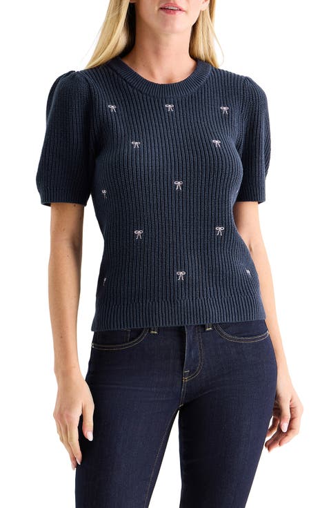 Bow Embroidered Short Sleeve Sweater