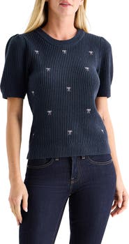 Lucky Brand Bow Embroidered Short Sleeve Sweater