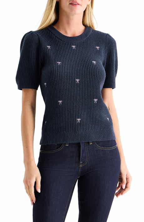Lucky Brand Bow Embroidered Short Sleeve Sweater