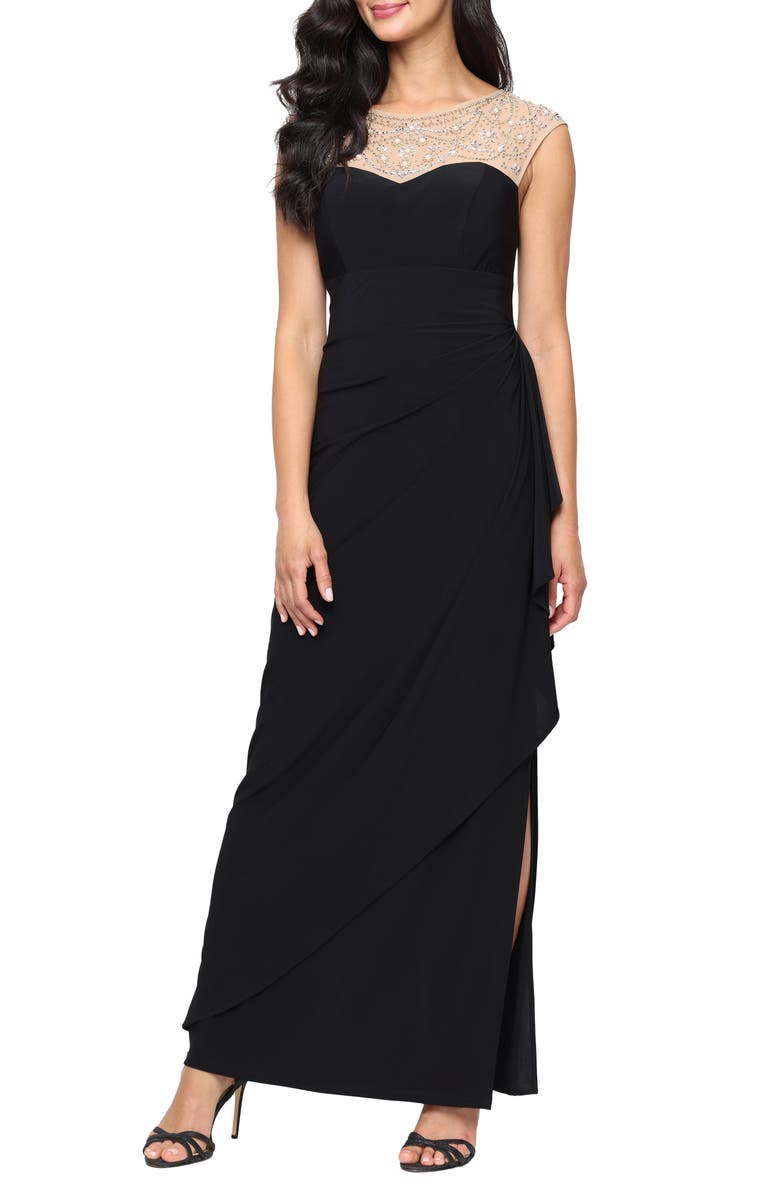 Alex Evenings Embellished Jersey Evening Gown, Main, color, Black Gold