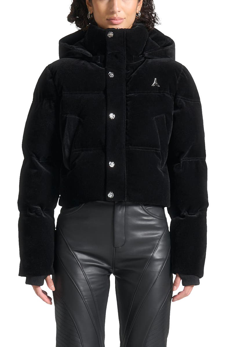 Manière De Voir Maeva Velvet Cropped Puffer Jacket, Alternate, color, Black