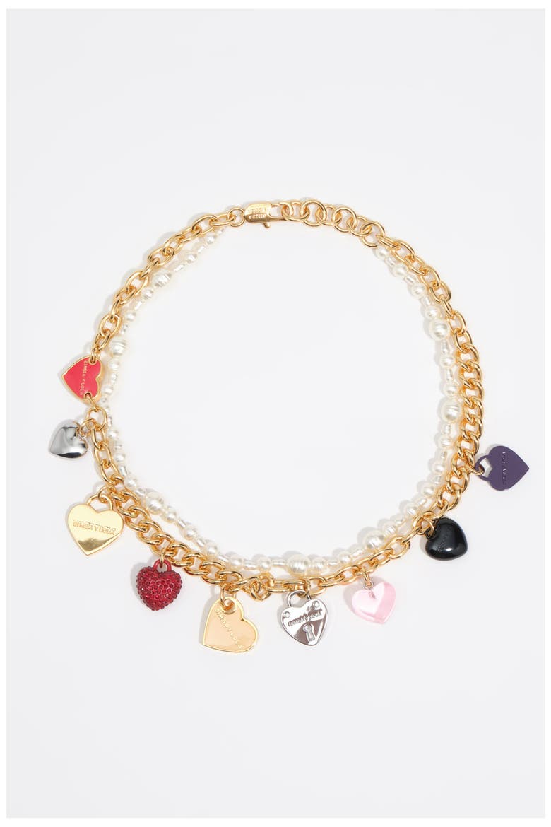 Double Chain Pearl Hearts Logo Necklace, Main, color, GOLD
