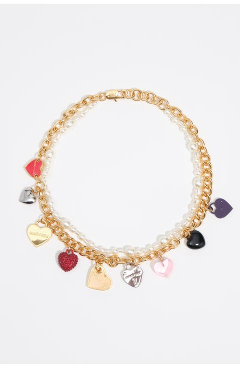 Double Chain Pearl Hearts Logo Necklace