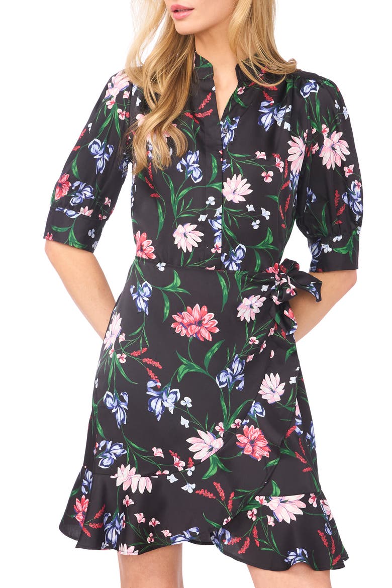 Floral Print Wrap Dress, Alternate, color, RICH BLACK