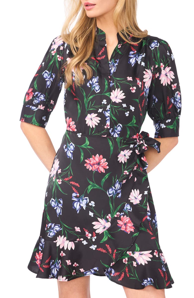 CeCe Floral Print Wrap Dress, Alternate, color, Rich Black