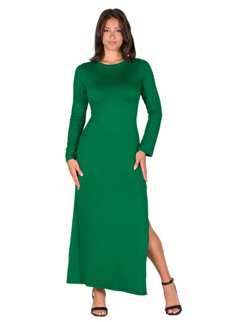 Long Sleeve Side Slit Fitted Black Maxi Dress