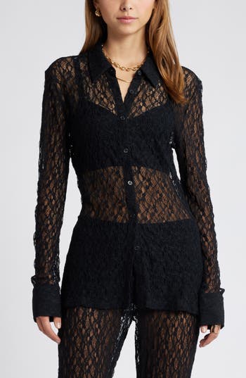 Open Edit Lace Button-up Shirt In Black