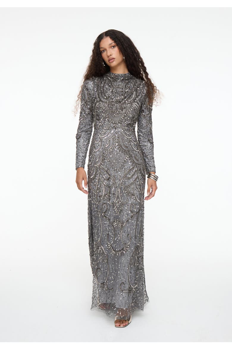 Modest Embellished Sequin Beaded Dress Maxi With Cowl Neck, Alternate, color, CHARCOAL