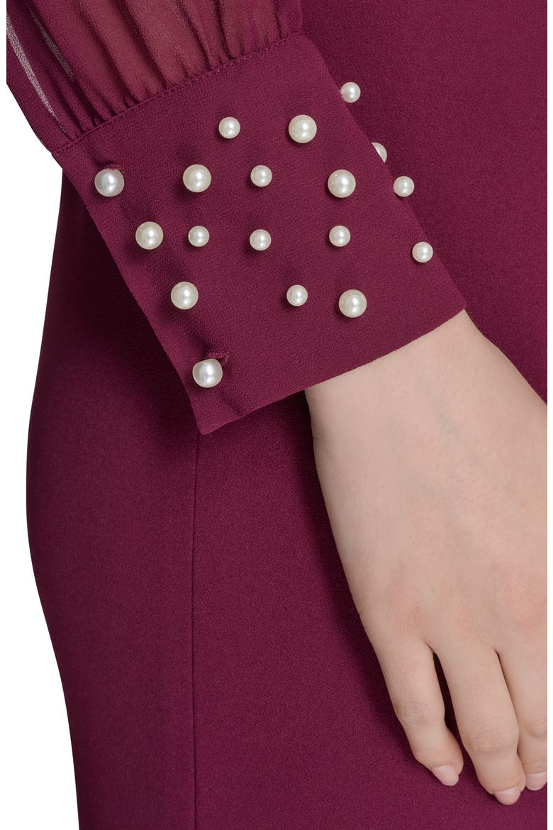 Faux Pearl Cuff Long Sleeve Scuba Crepe Sheath Dress, Alternate, color, WINE