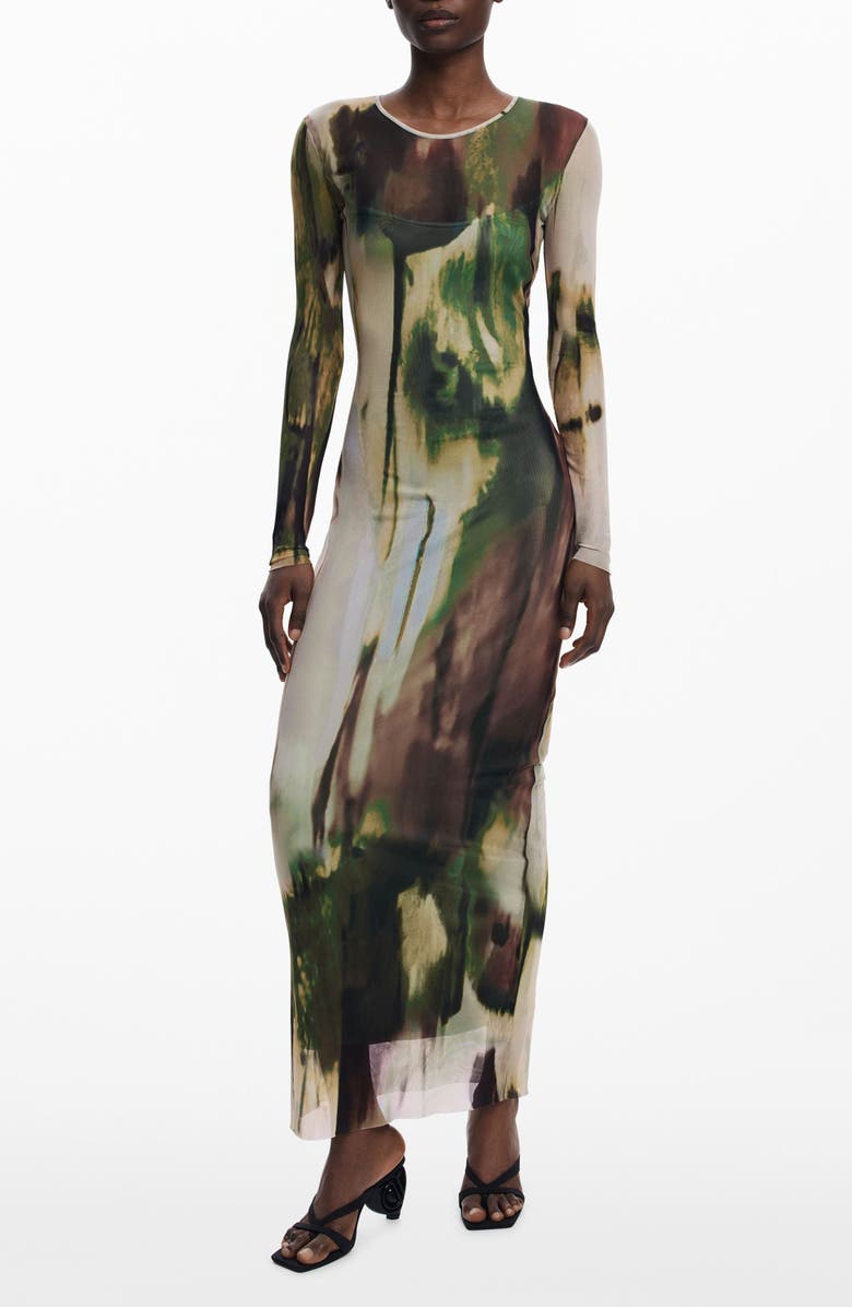 Desigual Print Mesh Long Sleeve Maxi Dress, Main, color, Military Green