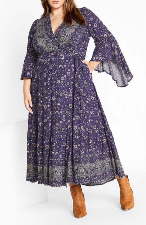 Adhara Mixed Print Long Sleeve Maxi Dress (Plus)
