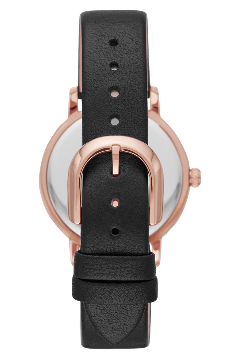 'metro' round leather strap watch, 34mm, Alternate, color, BLACK/ MOP/ ROSE GOLD