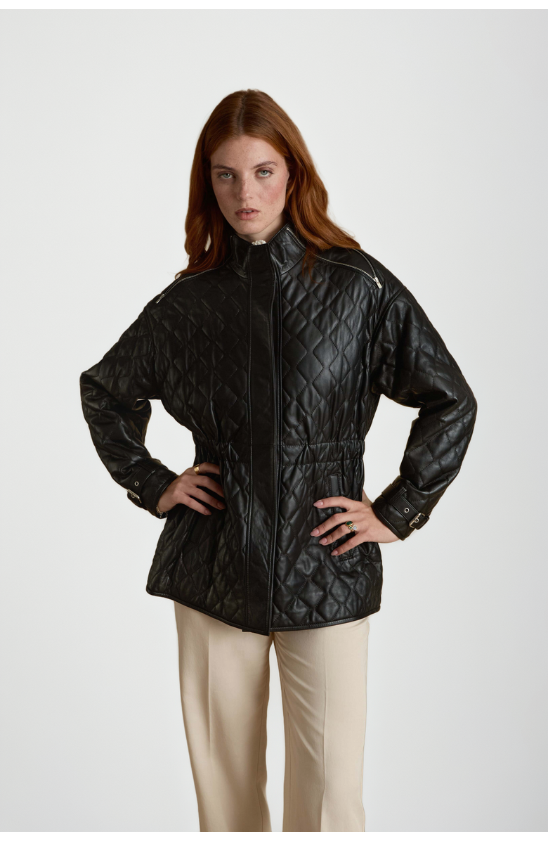 Furniq UK Nora Leather Coat, Alternate, color, Black