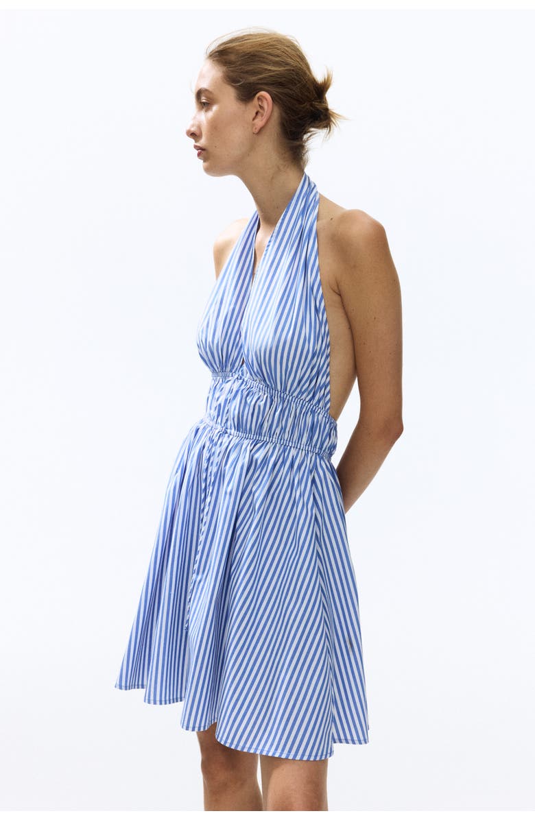 H&M Drawstring-detail Halterneck Dress, Alternate, color, Blue/Striped