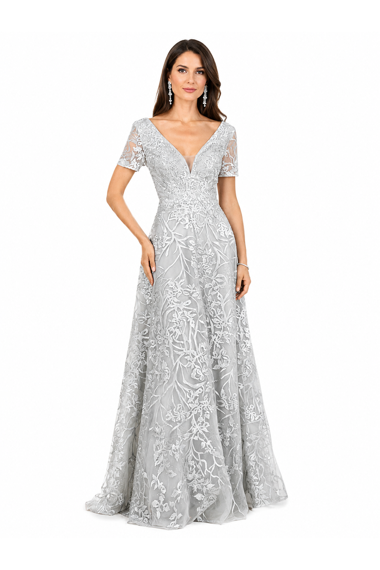 Short Sleeve Lace A-Line Dress with V-Neckline, Main, color, Dusty Blue/Green