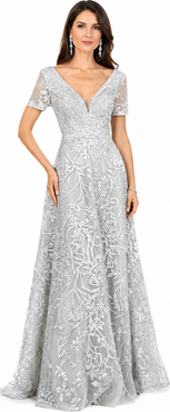 LARA New York Short Sleeve Lace A-Line Dress with V-Neckline