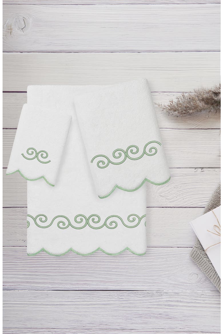 Symmetra Scallop 3-Piece Turkish Cotton Towel Set, Alternate, color, WHITE/ GREEN