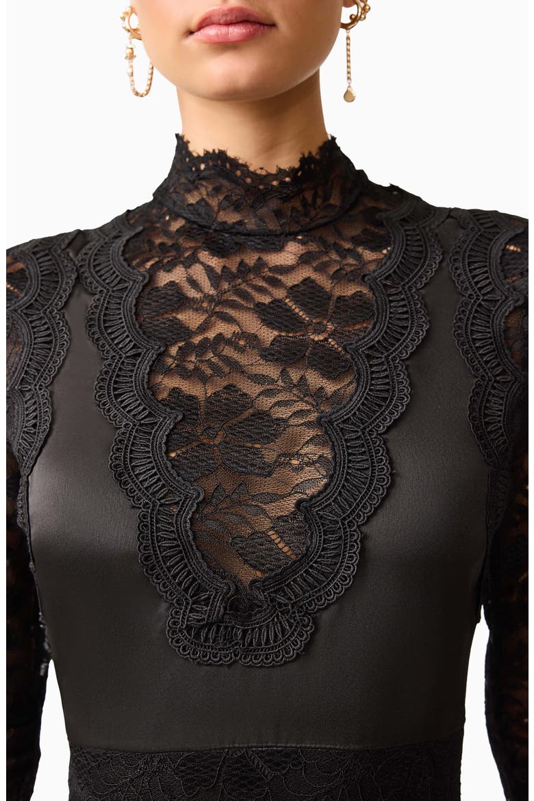 Margot Lace Inset Long Sleeve Gown, Alternate, color, BLACK