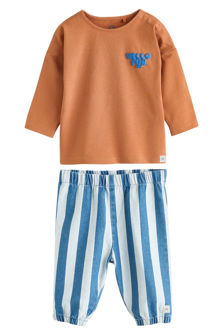 Kids' Slogan Long Sleeve Graphic T-Shirt & Stripe Jeans Set, Main, color, BROWN