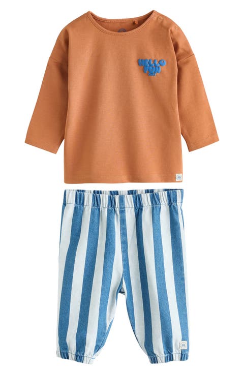 Kids' Slogan Long Sleeve Graphic T-Shirt & Stripe Jeans Set