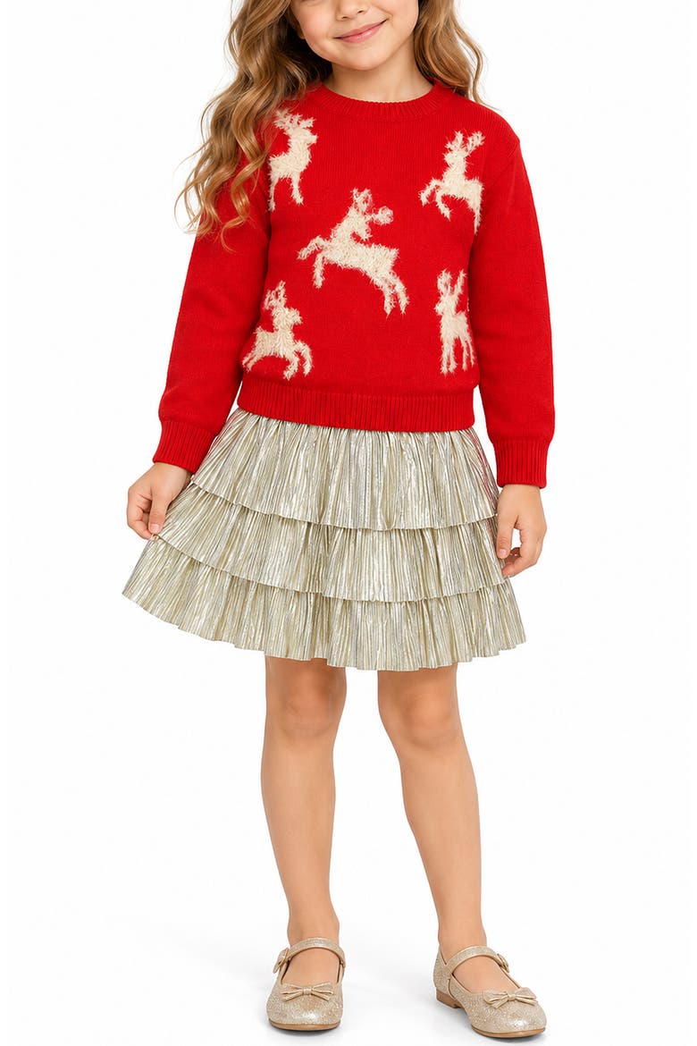 Kids' Reindeer Sweater & Tiered Skirt Set, Alternate, color, RED/ GOLD