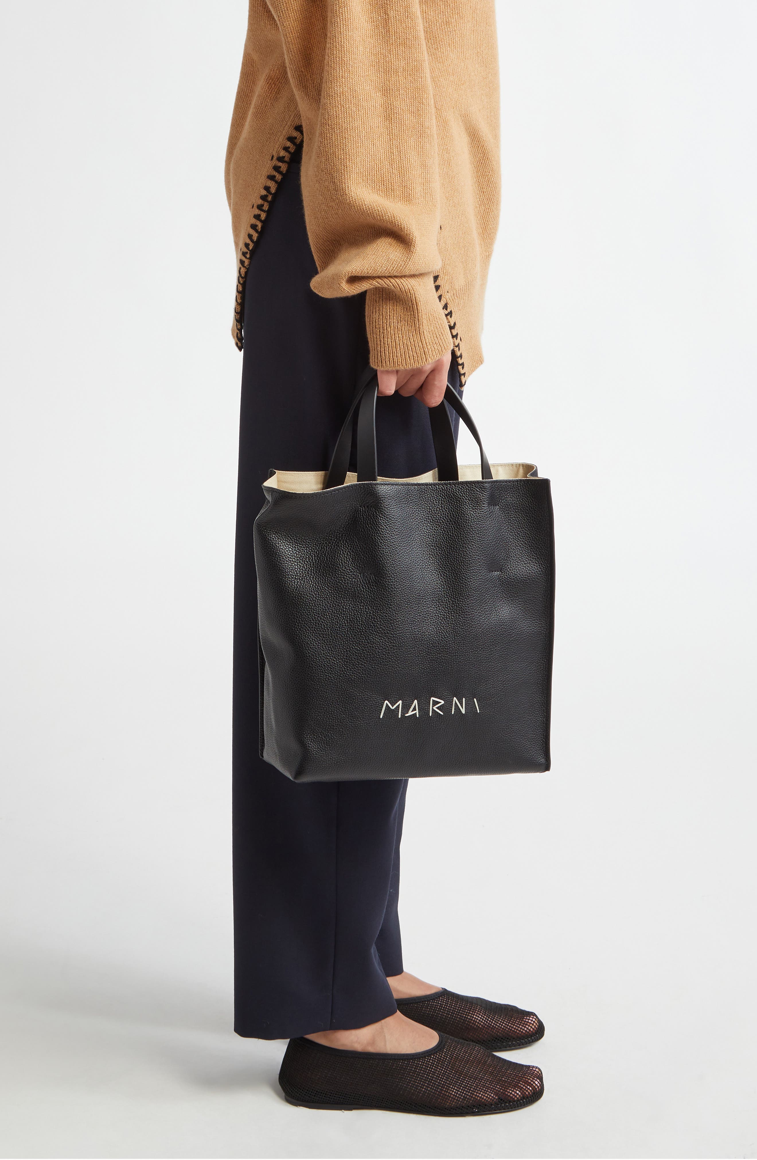 Marni Museo Small Soft Leather Tote, Alternate, color, Black