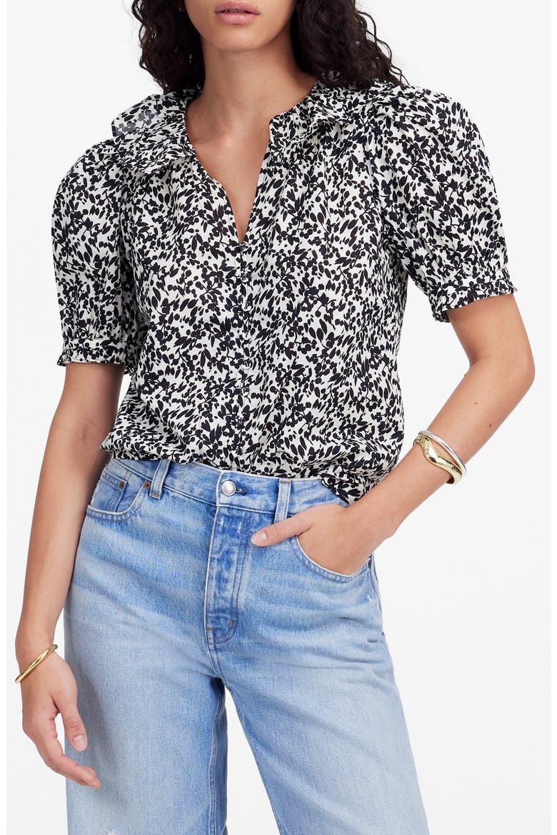Ruffle Floral Button Front Top, Main, color, ABSTRACT LEAF BLACK IVORY