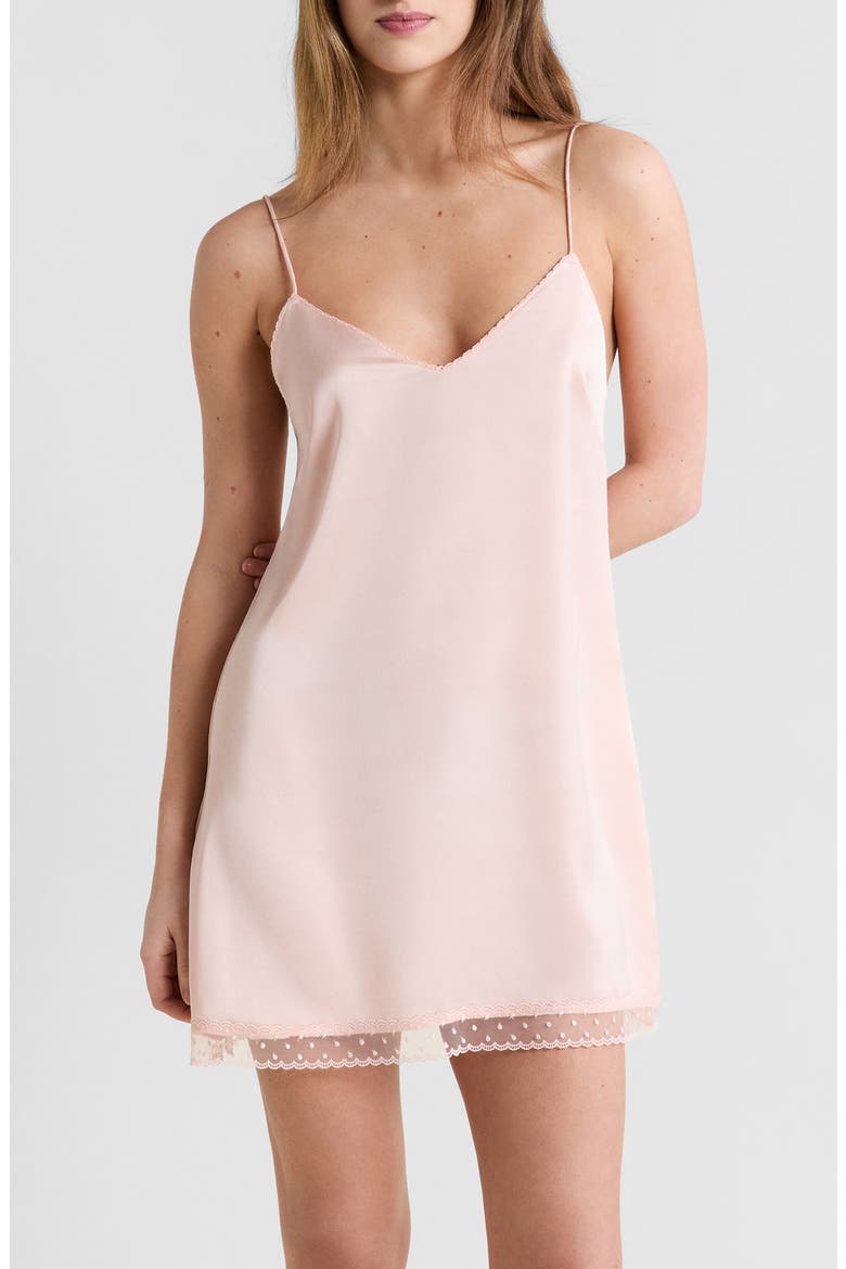 Plume Lace Trim Satin Chemise, Main, color, POWDER PINK