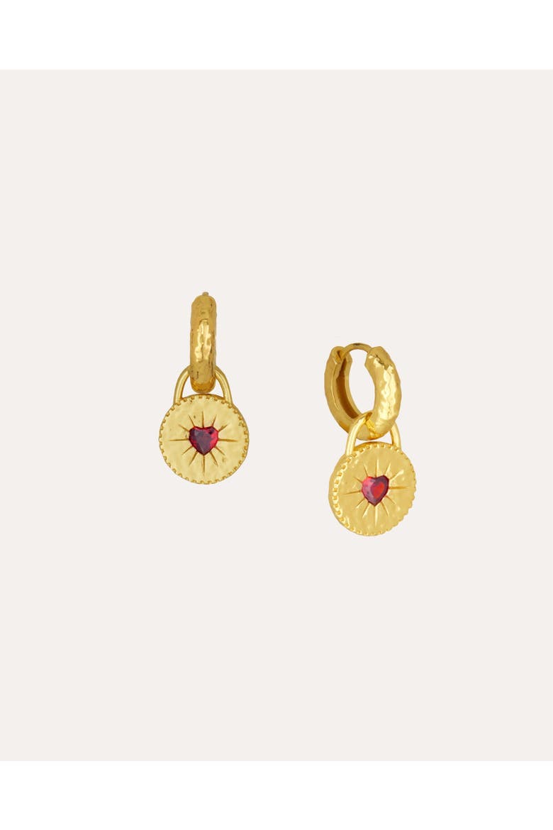 Garnet Heart Huggie Earrings, Main, color, Gold