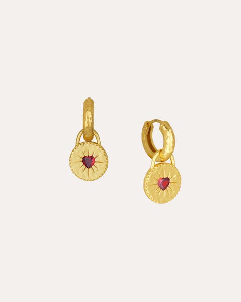 Garnet Heart Huggie Earrings