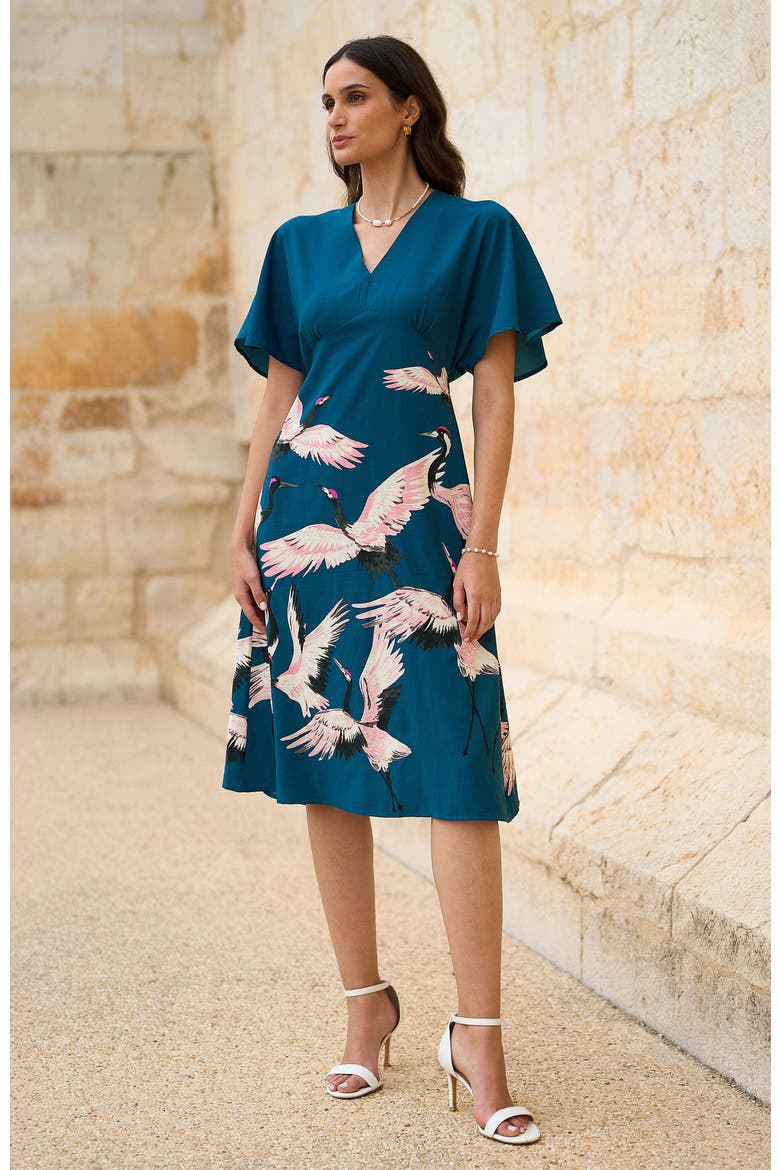 Crane Print Midi Dress, Alternate, color, Teal