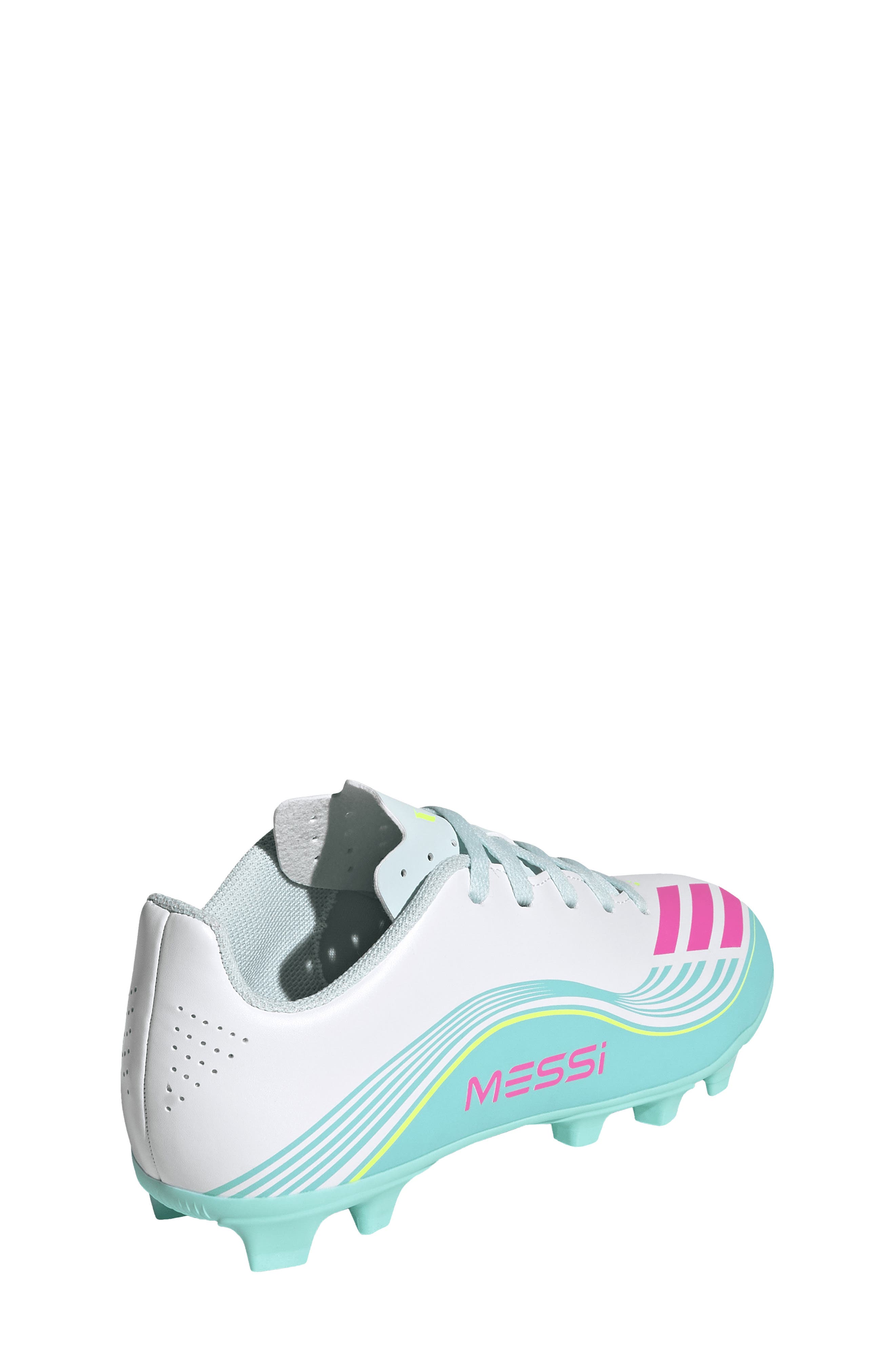 adidas Kids' F50 Messi Club Soccer Cleat, Alternate, color, White/ Lucid Pink/ Aqua