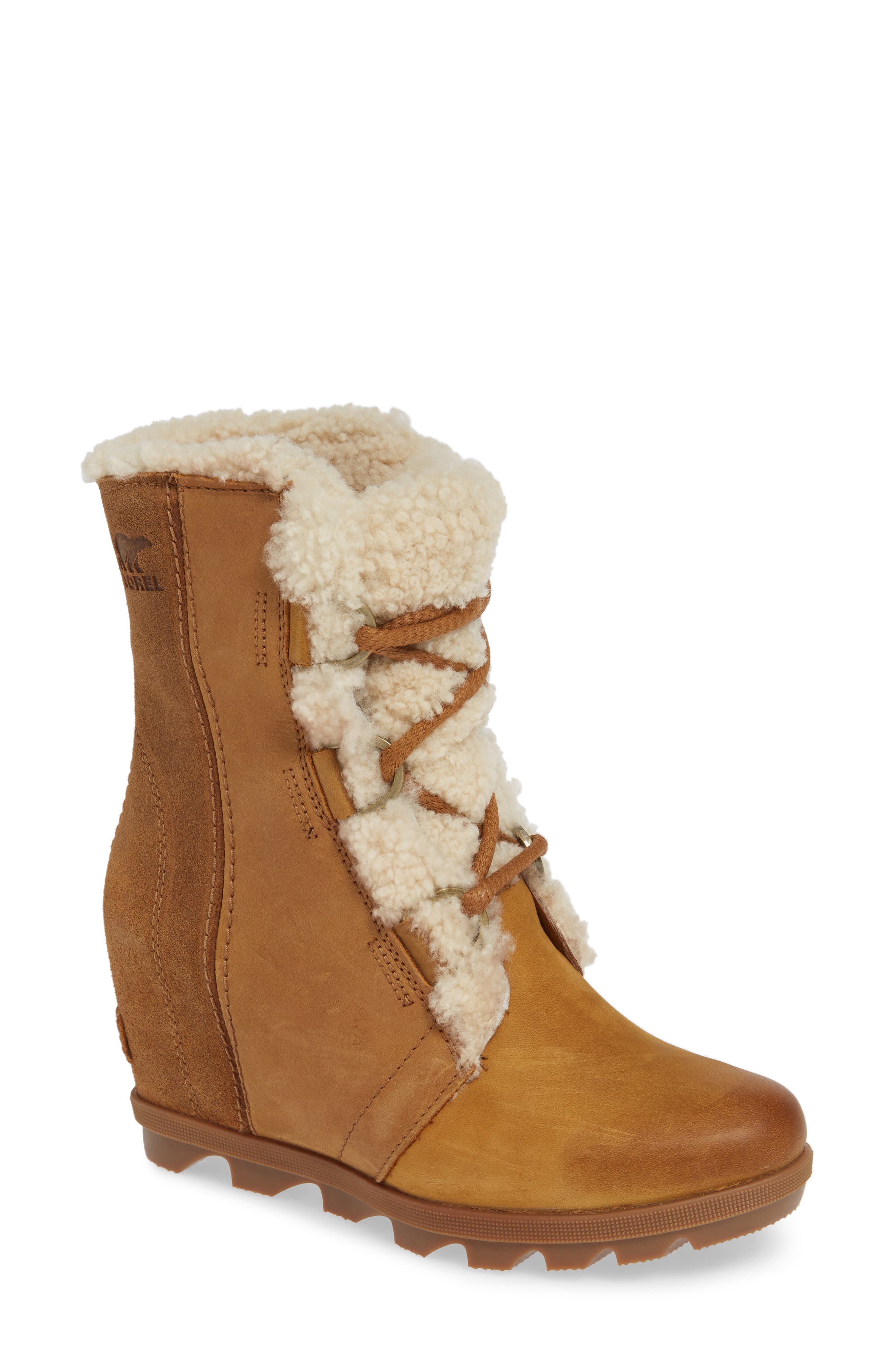 Joan of Arctic Wedge II Genuine Shearling Bootie, Main, color, CAMEL BROWN