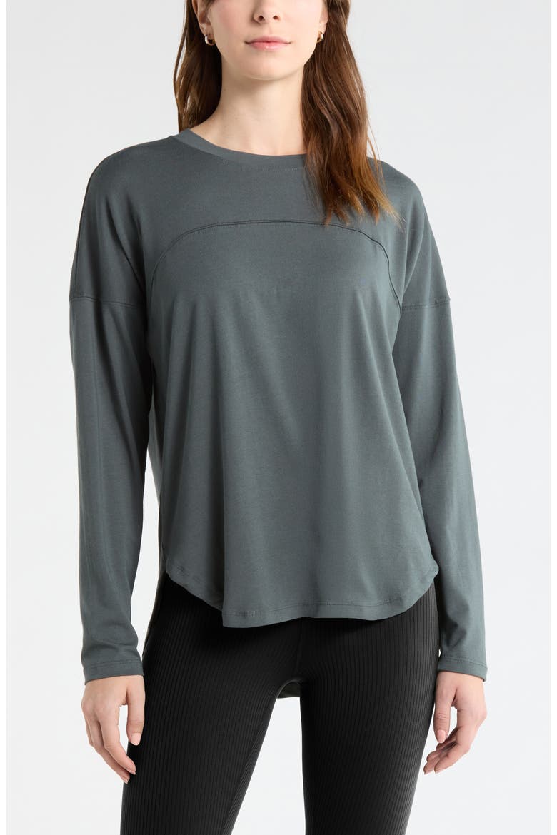 Sueded High-Low Long Sleeve T-Shirt, Main, color, GREEN URBAN