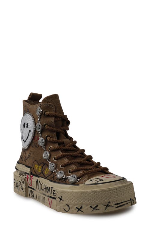 Zigi Happy Face Lug Sole High Top Sneaker In Tan Suede