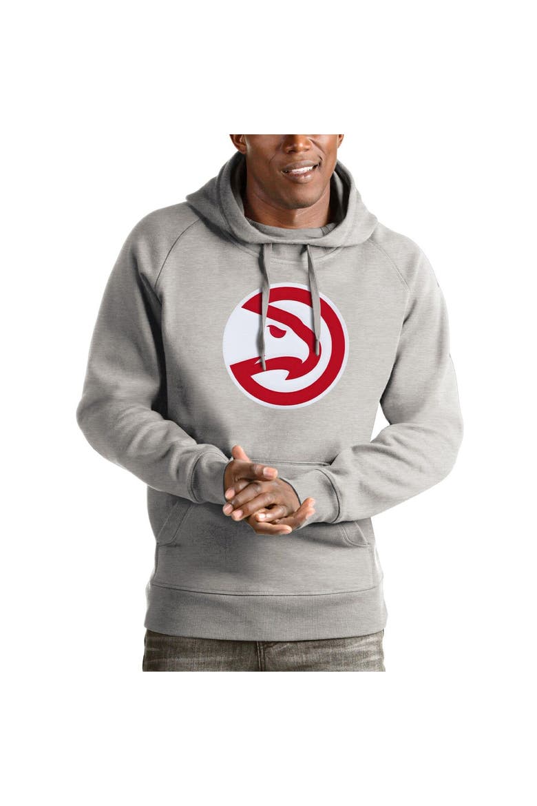 Men's Antigua Heathered Gray Atlanta Hawks Logo Victory Pullover Hoodie, Main, color, Heather Gray