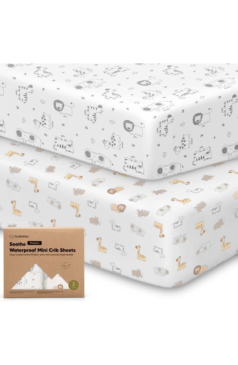 KeaBabies 2-Pack Soothe [Protect+] Waterproof Mini Crib Sheets, Main, color, Keasafari
