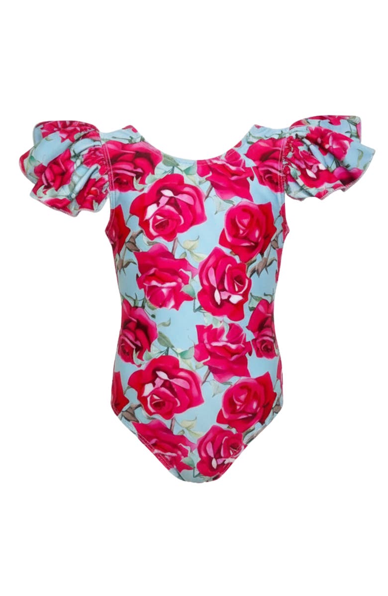 Mia Belle Girls Girls Sun-Kissed Blooms Flutter Sleeve Floral One Piece Swimsuit, Main, color, Pink