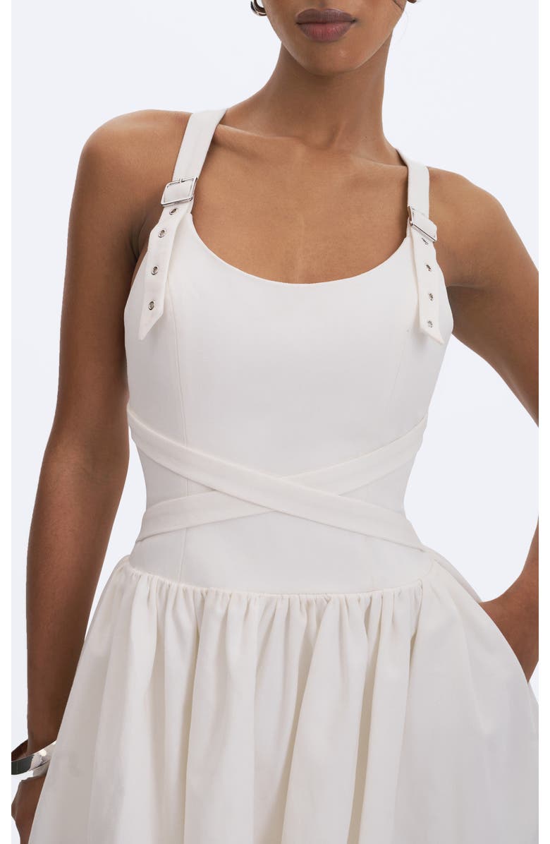 Miss Circle Francine Cotton Denim Crossover Strap Mini Dress, Alternate, color, White