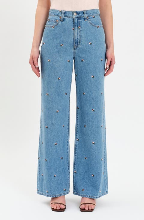 Farout Floral Embroidered Wide Leg Jeans (Fated)