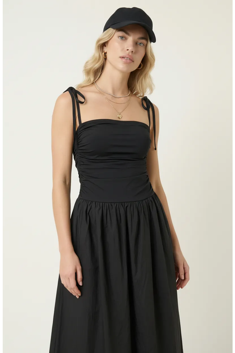 Ruched Bodice Tie Strap Gathered Skirt Midi Dress, Alternate, color, Black