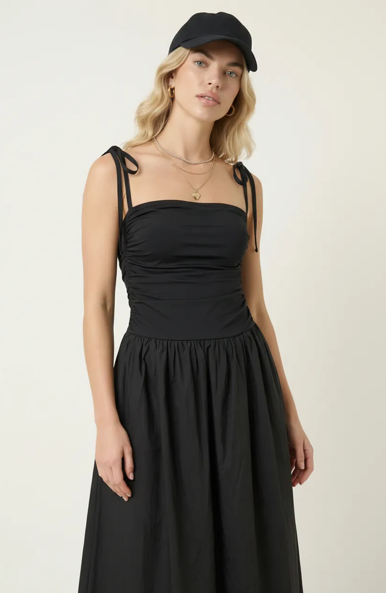 Modenaire Ruched Bodice Tie Strap Gathered Skirt Midi Dress, Alternate, color, Black