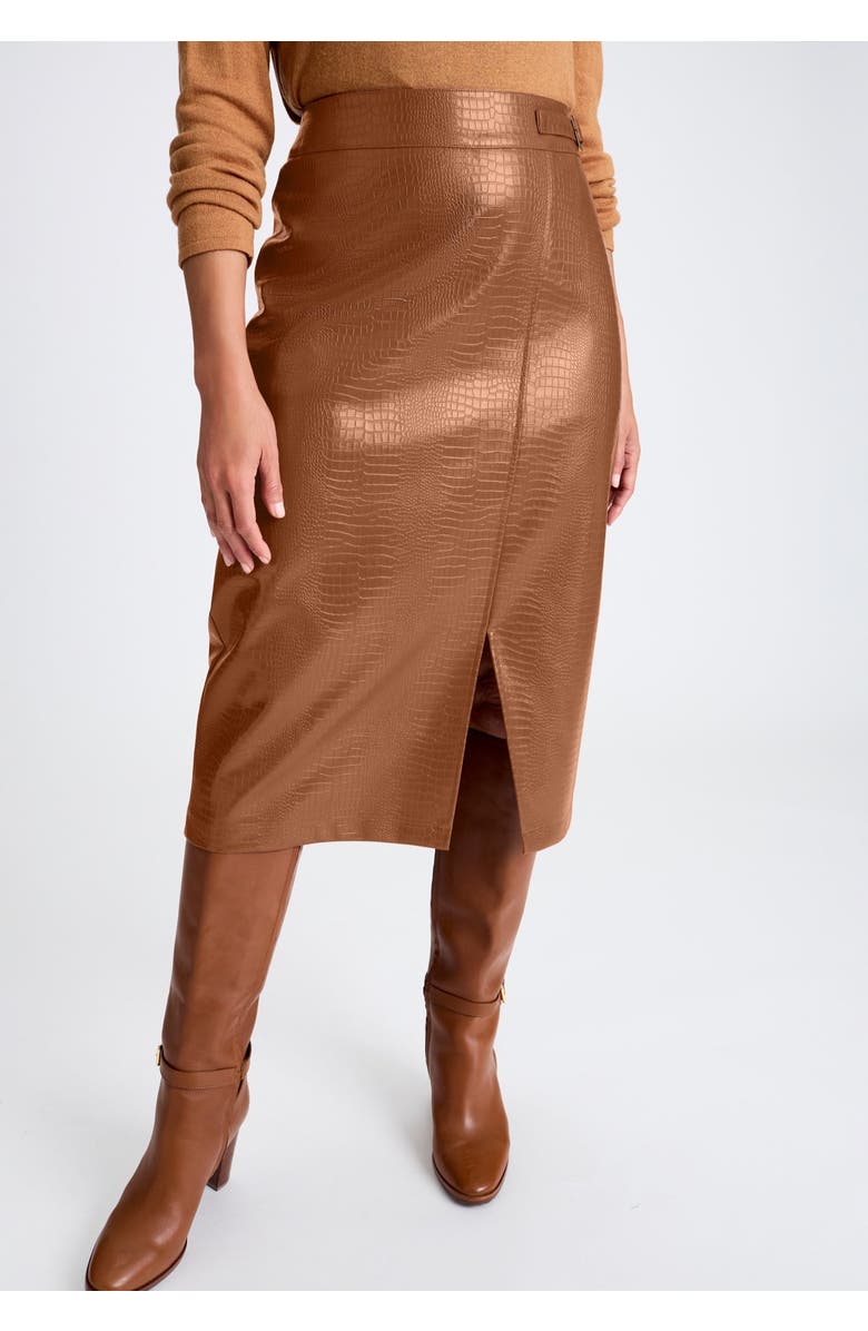 Jessica London Faux Leather Croc Wrap Skirt, Alternate, color, Cognac