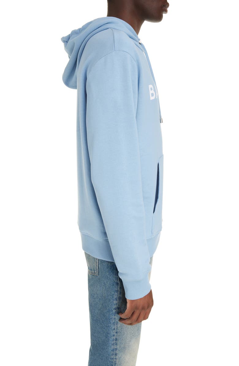 Balmain Organic Cotton Logo Graphic Hoodie, Alternate, color, Slj Pale Blue/ White