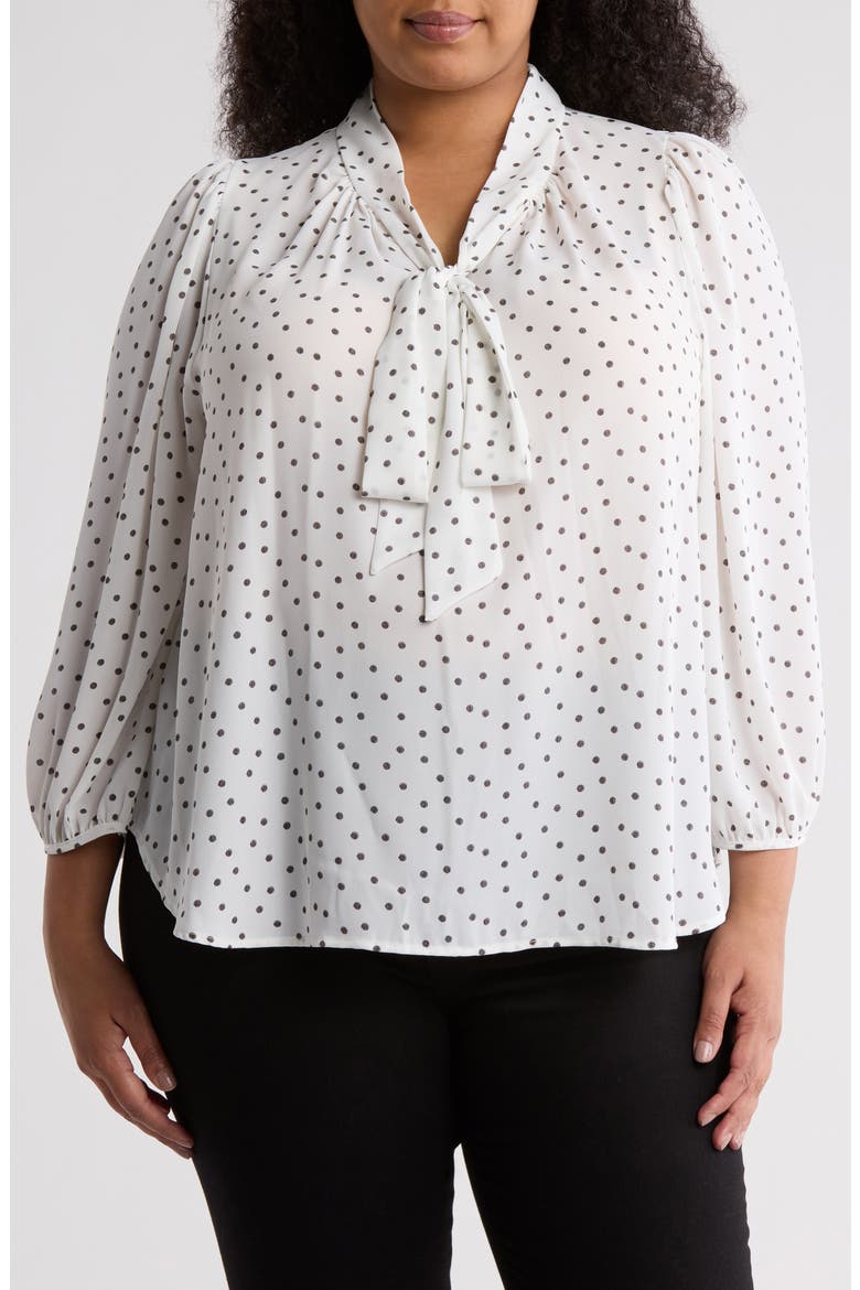 Polka Dot Neck Tie Blouse, Main, color, IVORY