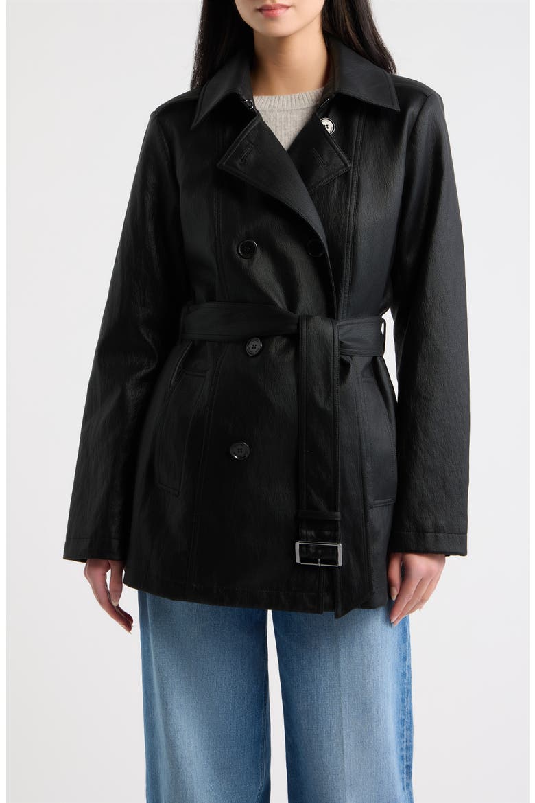 Faux Leather Double Breasted Trench Coat, Main, color, BLACK