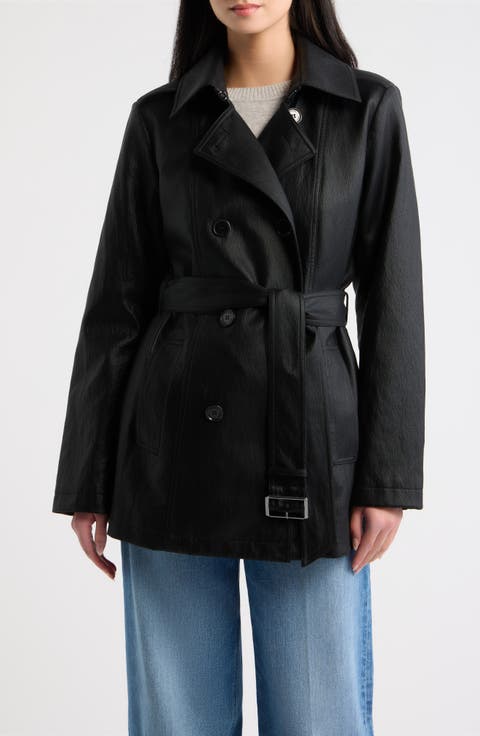 Faux Leather Double Breasted Trench Coat