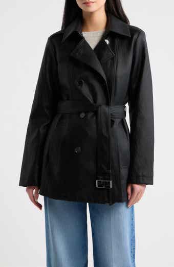 Faux Leather Double Breasted Trench Coat